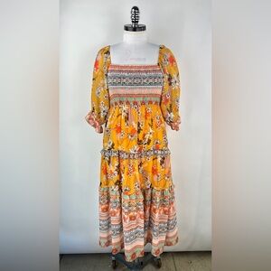 💚 3142. Floral Puff Sleeve Smocked Midi Dress